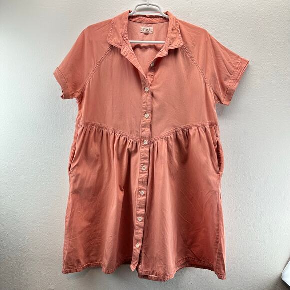 Pact Pink Chambray Button-Front Mini Dress Sz L - Picture 2 of 12
